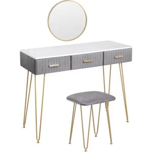 J&R Kaptafel met kruk en spiegel - Make-up tafel - Grijs - Fluweel - 3 Lades - Tafel Meubelen - 1 meter