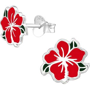 Joy|S - Zilveren Chinese roos oorbellen - 9 mm - rode bloem oorknoppen - kinderoorbellen