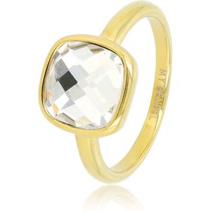 My Bendel Goudkleurige ring met grote facet witte kristal glassteen - Goudkleurige ring met grote facet witte kristal glassteen - Met luxe cadeauverpakking