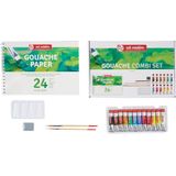 Gouache set 12 kleuren 12 ml tubes plakkaatverf met penselen, papier, potlood, kneedgum en mengschaal dekkende waterverf