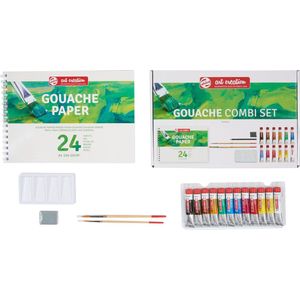 Gouache set 12 kleuren 12 ml tubes plakkaatverf met penselen, papier, potlood, kneedgum en mengschaal dekkende waterverf