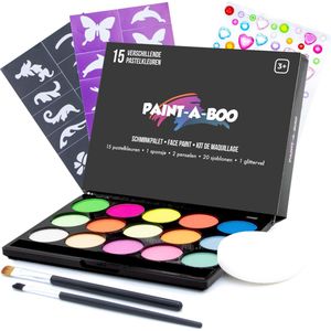 Paintaboo Schminkset op Waterbasis met Penselen, Sponsje, Sjablonen en Glitters - Schmink Palet voor Kinderen 15 Kleuren x 3 Gram - Koningsdag