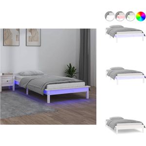 vidaXL Bedframe Grenenhout - LED Verlichting - RGB - Wit - 202 x 86.5 x 26 cm - Geschikt voor 75 x 190 cm matras (2FT6 Small Single) - Montagehandleiding inbegrepen - Bed