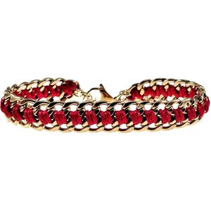 18cm tot 22cm Armband Dames - Breed - Verguld RVS - Cubaanse Schakelsarmband met Rode Koord - Verstelbaar