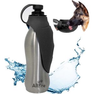 Honden waterfles RVS - Draagbare Honden Drinkfles - Doseerfles voor Honden - Waterfles voor onderweg met de Auto- wandelen - Sillicone drinkgedeelte - Honden Bidon - Lek vrij - Roestvrij staal - 600ml - Zwart