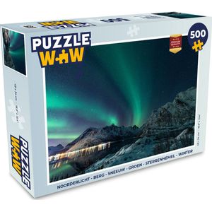 Puzzel Noorderlicht - Berg - Sneeuw - Groen - Sterrenhemel - Winter - Legpuzzel - Puzzel 500 stukjes