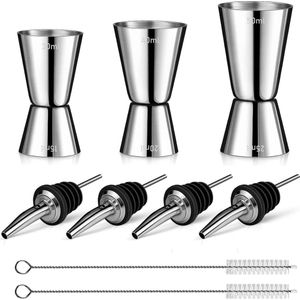 Set van 3 cocktailmaatbekers, barmaatbeker jigger cocktails met 4 flessenschenkers en 2 borstels, gin-maatbekers set, 4cl/5cl/6cl roestvrijstalen barmaatbeker voor bar, feest, borrel, shaker, cocktailmixer