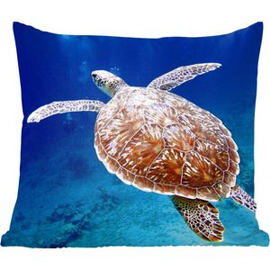 Sierkussen - Zeeschildpad Fotoprint - Blauw - 45 Cm X 45 Cm