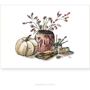 herfstwenskaart 10x15cm, illustratie van aquarel en fineliner