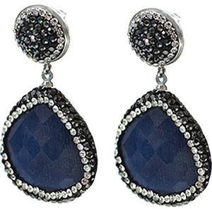 Edelstenen oorbellen Bright Dark Blue Cat's Eye - oorsteker - blauw - kattenoog - stras steentjes