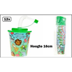 12x Herbuikbare Drink bekers Jungle 250ml met deksel en rietje -Jungle dieren - Drinken sap limonade fris fun