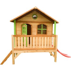 AXI Stef Speelhuis in Bruin/Groen - Met Verdieping en Rode Glijbaan - FSC hout - Speelhuisje op palen met veranda - Speeltoestel voor de tuin