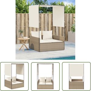 The Living Store Ligbed tweepersoons met dak en gordijn poly rattan beige - Ligbed - Tuinstoel - Lounge Stoel - Buitenshuis Relaxen - Terras Meubel