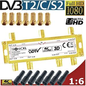 TronicXL 6-voudige sat verdeler + F-stekker + bescherming tegen weersinvloeden weerbestendig I premium tv-kabel adapter antenneverdeler kabeltelevisie DVBC - geschikt voor Unicable 6-voudig HD geschikt 4K HDTV DC-doorlaat FM radio SAT