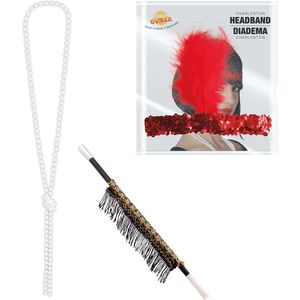 Carnaval verkleed accessoire set - sigarettenhouder/parelketting/hoofdband - charleston/jaren 20 stijl