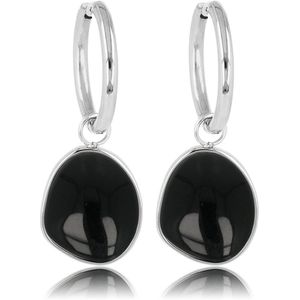 Zilveren oorbellen met Onyx edelstenen hanger - 36 mm - Klassieke zilverkleurige oorbel met Onyx edelsteen - Met luxe cadeauverpakking