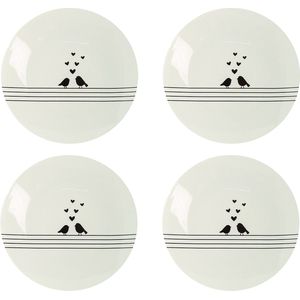 HAES DECO - Ontbijtborden set van 4 - Formaat Ø 20x2 cm - kleuren Wit - Bedrukt Porselein - Collectie: Love birds - Servies, kleine borden