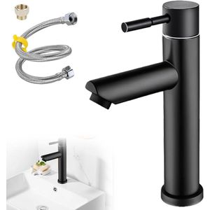 Allecto Plus - Koudwaterkraan in zwart roestvrij staal met aansluitslang van 60 cm - Eengreepsmengkraan voor badkamer - Geschikt voor gasten toilet.