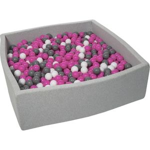 Ballenbak vierkant - grijs - 120x120x40 cm - met 1200 wit, fuchsia en grijze ballen