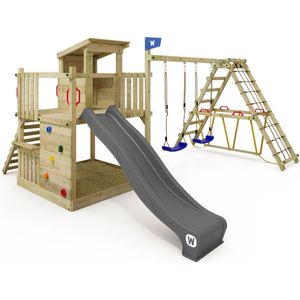 WICKEY speeltoestel klimtoestel Smart Nest met schommel & antraciet glijbaan, outdoor klimtoren voor kinderen met zandbak, ladder & speelaccessoires voor de tuin