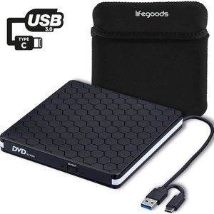 LifeGoods Externe DVD Speler - Voor Laptop en Brander - USB 3.0 of USB C - Incl. Hoes + Kabel