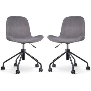 Nolon Nout-Fé Bureaustoelen Set van 2 Velvet Grijs - Stof - Fluweel - Verstelbaar - Wieltjes - Zwart Onderstel