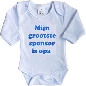 La Petite Couronne Romper Lange Mouw ""Mijn grootste sponsor is opa"" Jongens Katoen Wit/blauw Maat 62