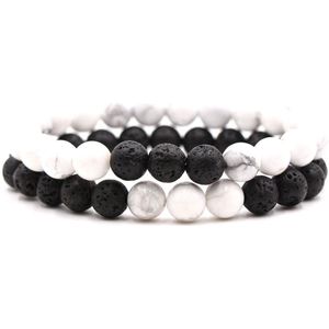 Bixorp Gems Dubbele Natuursteen Armband voor Man & Vrouw - Wit/Zwart contrast - Edelsteen Armband Cadeau - Lavasteen - 22cm