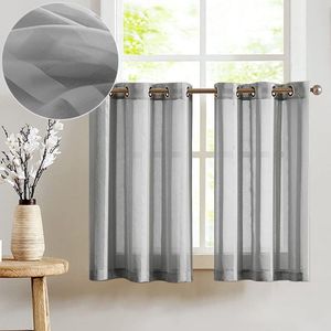 Sheer Vitrage met Oogjes - Transparant Gestreept Keukengordijn - Bistrogordijn Landelijke Stijl - Voile Gordijn voor Badkamer of Klein Raam - 90 x 90 cm (BxH) - Grijs - Set van 2