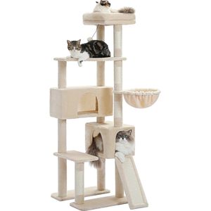 NewWave® - Katten Krabpaal - 184cm Lengte - Beige - Multi Level Cat Tree - Hangmat - Kattenspeelgoed - Kattenkrabpaal