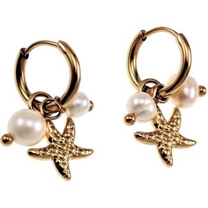 ∅11mm Oorbellen Dames - Gold Plated RVS - Oorringen met Zoetwaterparel en Sterhangers - Dangle Oorbellen Dolttilove