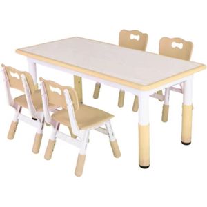 Kindertafel en 4 Stoelenset - Voor Peuters en Kleuters - In Hoogte Verstelbaar - Multifunctioneel voor Studie, Schrijven & Spelen - Duurzaam Kunststof - Geel - 120x60cm