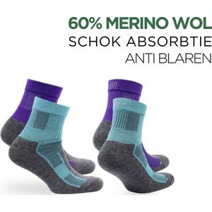 Norfolk - Wandelsokken - 2 paar - Anti Blaren Merino wol sokken met demping - Snelle Vochtopname - Wollen Sokken - Leonardo QTR - Paars/Blauw - 35-38
