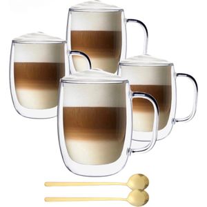 Dubbelwandige Koffieglazen Met Oor Met Gratis 4x Lepels - Latte Macchiato Glazen - 400ML - Dubbelwandige Theeglazen - 4x - Cappuccino Glazen
