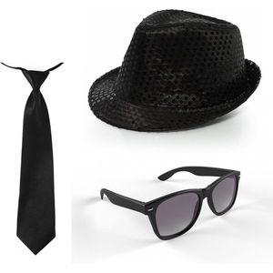 Folat - Verkleedkleding set - Glitter hoed/stropdas/party bril zwart
