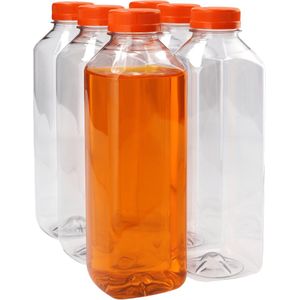 6x Sapfles Plastic 750 ml - Mini - PET Flessen met Oranje Dop, Sapflessen, Plastic Flesjes Navulbaar, Smoothie Sap Fles - Kunststof BPA-vrij - Rond - Set van 6 Stuks