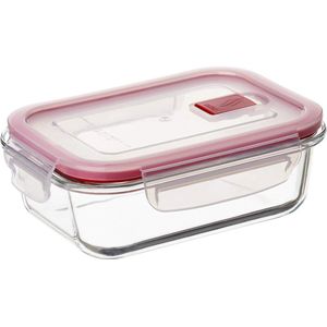 Opzetstuk voor levensmiddelen, glas, luchtdicht, inhoud 0,64 l, clipdeksel, BPA-vrij, magnetronbestendig, oven, vriezer en vaatwasser, rood, afmetingen: 13,7 x 17,9 x 6,3 cm