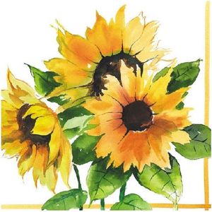 100x stuks Zonnebloemen thema servetten 33 x 33 cm - Papieren wegwerp servetjes - Zonnebloemen versieringen/decoraties