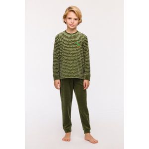 Woody pyjama jongens/heren velours - groen met golfjes - eend - 242-10-PLC-V/947 - maat 140