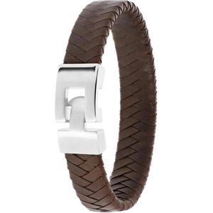 Lucardi Heren Armband met donker bruin leer - Leer - Armband - Cadeau - 21 cm - Zilverkleurig