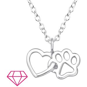 Joy|S - Zilveren hartje met dierenpoot hanger - inclusief ketting 39 cm met extra oogje op 36 cm - kat hond poot afdruk - voor kinderen