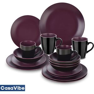 CasaVibe Luxe Serviesset – 16 delig – 4 persoons – Porselein - Bordenset – Dinner platen – Dessertborden - Kommen - Mokken - Set - Paars - Zwart