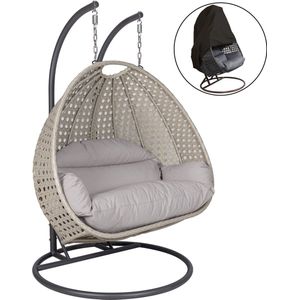 Hangstoel Dubai met Weerhoes - Grijs frame - Grijs Basket - met Luxe Kussen - 146*70*124 - Luxe 2 persoons schommelstoel