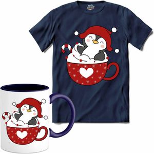 Hot choco pinguin kerst buddy - T-Shirt met mok - Meisjes - Navy Blue - Maat 12 jaar
