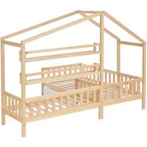 Ojiuboo - Kinderboomhutbed - met lades en planken - L-vormige structuur - massief hout - natuurlijke kleur - 90x200 cm + 140x70 cm (zonder matras)