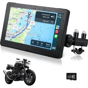 Motorcycle GPS 7 inch Carplay Scherm met Draagbare Houder - Waterdicht Touchscreen - Dual Bluetooth - 32G TF-kaart - Siri Support .
