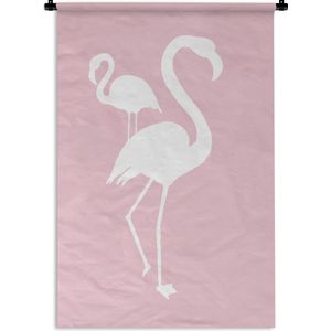 Wandkleed FlamingoKerst illustraties - Witte silhouetten van twee flamingo's op een lichtroze achtergrond Wandkleed katoen 90x135 cm - Wandtapijt met foto