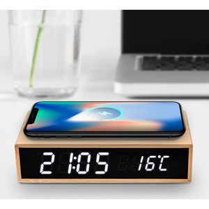 Mikamax Bamboo Wireless Charger Clock - Wekker - Bamboe - Draadloos Opladen - Ingebouwde Thermometer - Incl. USB-C Kabel