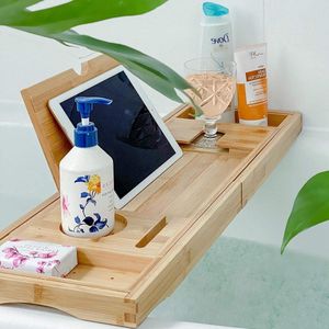 Uitschuifbaar Bamboe Badplank - Antislip Verstelbaar - Past op de meeste Badmaten - Luxe Badaccessoire - Houdt Boek iPad Telefoon Glas Kaars