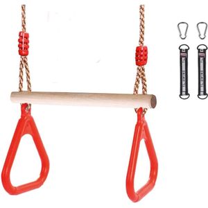 Multifunctionele kinderhouten trapeziumvormige schommel met kunststof ringen, turnringen om op te hangen, belastbaar tot 120 kg, voor binnen en buiten (rood)